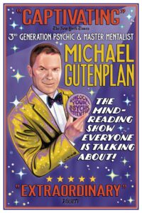Purple show poster reading MICHAEL GUTENPLAN, 3rd GENERATION PSYCHIC & MASTER MENTALIST, with press quotes below.