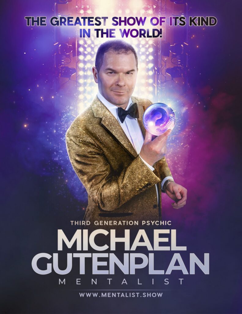 promotional poster for Mentalist Michael Gutenplan. In a gold tux Michael holds a crystal ball
