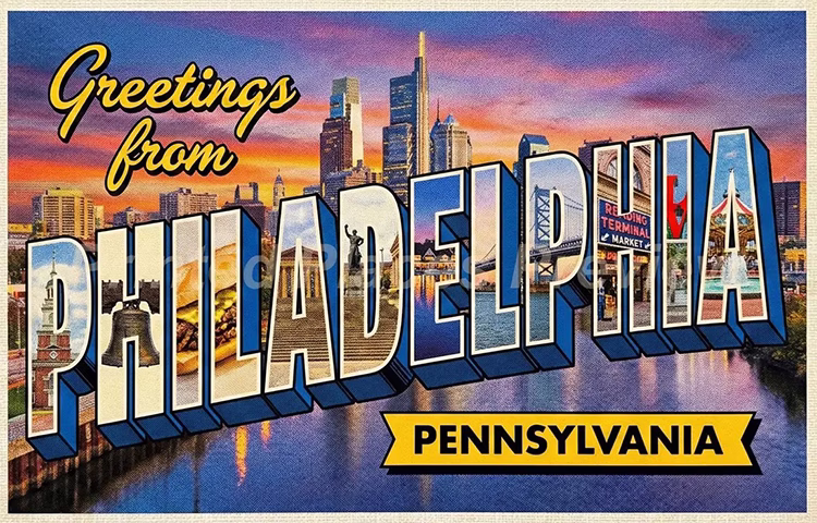 a greetings from Philadelphia postcard